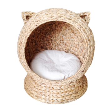New Arrival Water Hyacinth Handwoven Pet Houses Furniture Kitty Shape with Soft Cushion Fishbone Weaving 1
