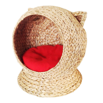 New Arrival Water Hyacinth Handwoven Pet Houses Furniture Kitty Shape with Soft Cushion Fishbone Weaving 5