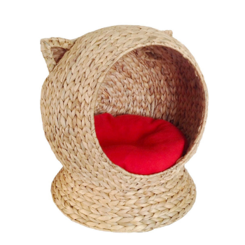 New Arrival Water Hyacinth Handwoven Pet Houses Furniture Kitty Shape with Soft Cushion Fishbone Weaving 4