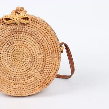 Factory Price High Quality Handwoven Round Rattan Wicker Woven Bag with Leather Strap Crossbody Women Bag made in Vietnam