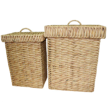 High Quality Set Of 2 Water Hyacinth Hampers Covered With Removeable Lids - Twisted Pattern - Natural Colour Sustainable