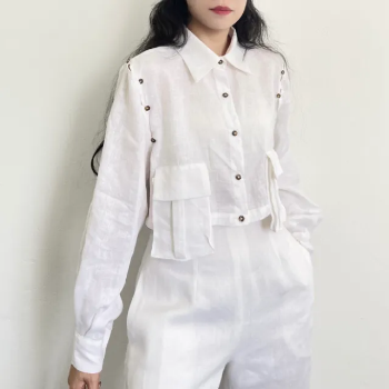 Factory Price Wholesale Pants For Women Women Chic Cropped Linen Shirts Long Sleeve Tops Pockets With Detachable Sleeves Fashion Blouses From Vietnam