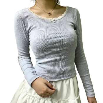 Y2K Rosa Women's T-Shirts High Quality Cotton Long-Sleeve Round-Neck Lace Trim Sexy Solid Style Baby Tee Made in Vietnam