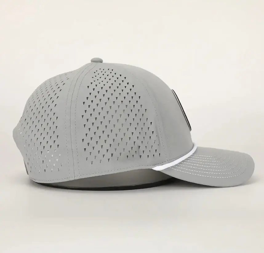 Gray Golf Caps Polyester Waterproof Snapback Cap PVC Logo Rope Hat For Man Vietnam Factory Laser Cut Baseball Hat 3