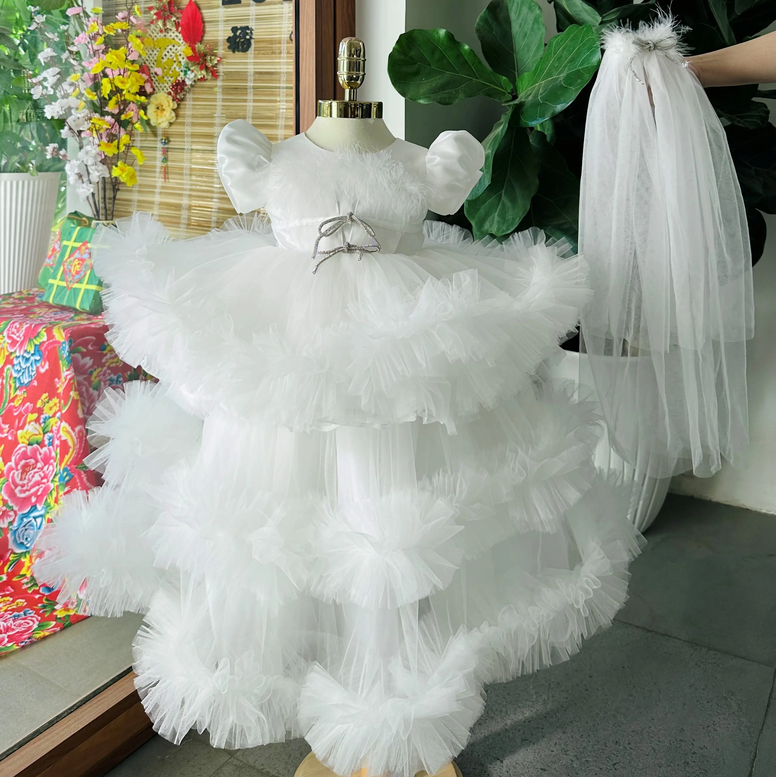 OEM ODM Princess Dress by Nhung Nguyen Baby Girl Party Style Large Size Gown Detachable Long Train Made Viet Nam for Children 5
