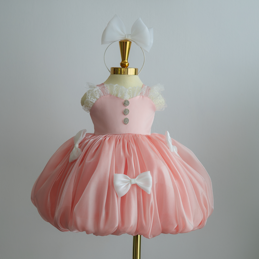 Short Dress with Bow in Silk Bubble Hem Satin Chiffon Fabric Girl's Clothing Girls Dresses Princess High Quality Factory Price OEM ODM Service Made In Vietnam  6