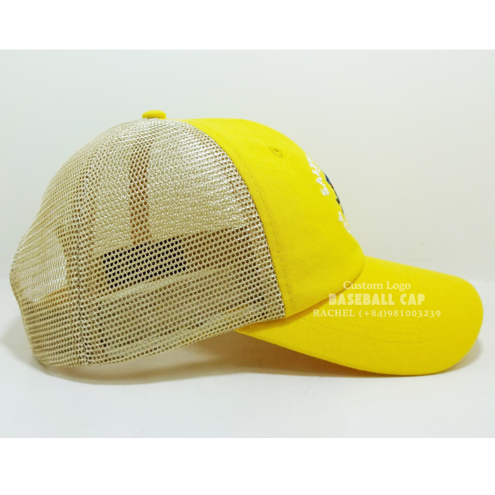 Yellow Embroidered Trucker Hats 6 Panel Gorras Soft Structured Curved Brim Label On Sweatband Adjustable Snapback Closure Unisex 4