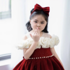 Winter Velvet Dress With Ruffled Off Shoulder Sleeves Princess Dress Baby Girl High Quality Made in Vietnam Winter Autumn Outfit 4