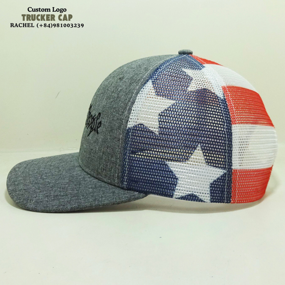 2D Embroidered Logo Structured Trucker Hats 6 Panel Slightly Curved Brim Printed Mesh Breathable Adjustable Snapback Closure OEM 4