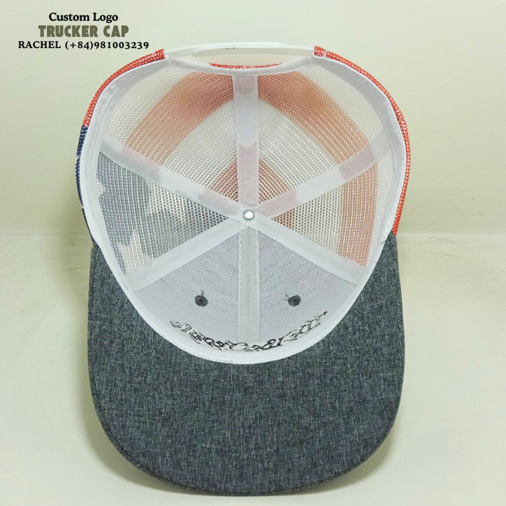 2D Embroidered Logo Structured Trucker Hats 6 Panel Slightly Curved Brim Printed Mesh Breathable Adjustable Snapback Closure OEM 6