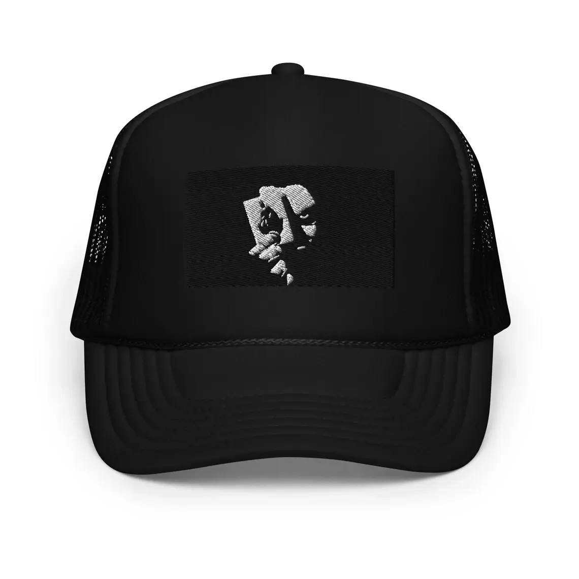 2D Embroidery 5-Panel Curved Brim High Quality Black/Navy Color Medium Profile Polyester Fabric Foam Trucker Hat for Men 1