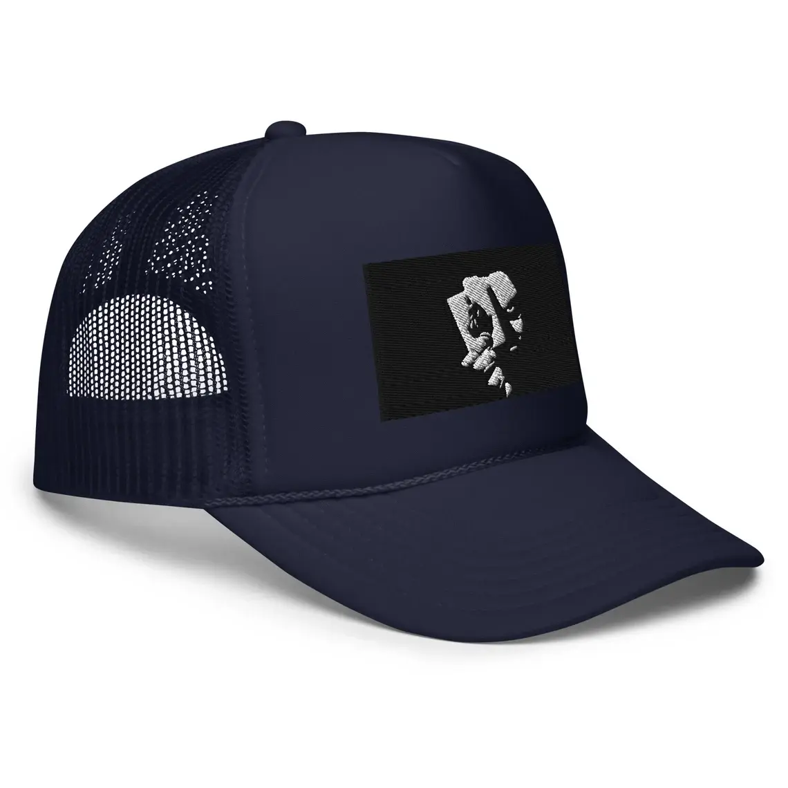 2D Embroidery 5-Panel Curved Brim High Quality Black/Navy Color Medium Profile Polyester Fabric Foam Trucker Hat for Men 4