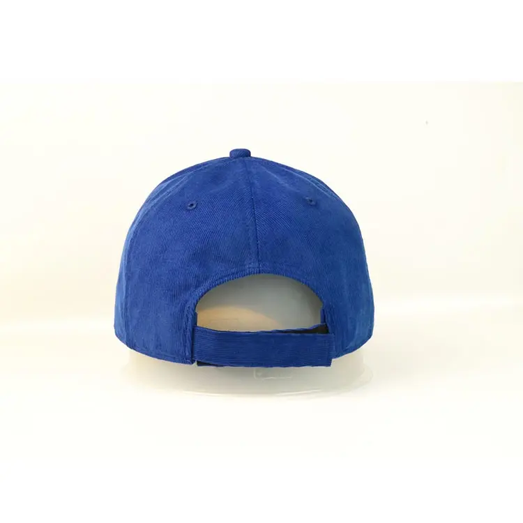 2D Embroidery Corduroy Fabric Baseball Cap With Metal Strap Closure 5-Panel Curved Brim High Quality Blue Color Medium Profile 4