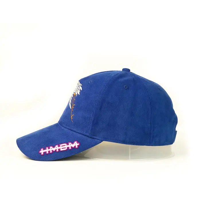 2D Embroidery Corduroy Fabric Baseball Cap With Metal Strap Closure 5-Panel Curved Brim High Quality Blue Color Medium Profile 3