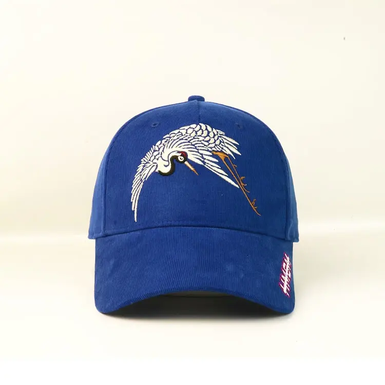 2D Embroidery Corduroy Fabric Baseball Cap With Metal Strap Closure 5-Panel Curved Brim High Quality Blue Color Medium Profile 1