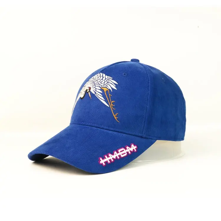 2D Embroidery Corduroy Fabric Baseball Cap With Metal Strap Closure 5-Panel Curved Brim High Quality Blue Color Medium Profile 2