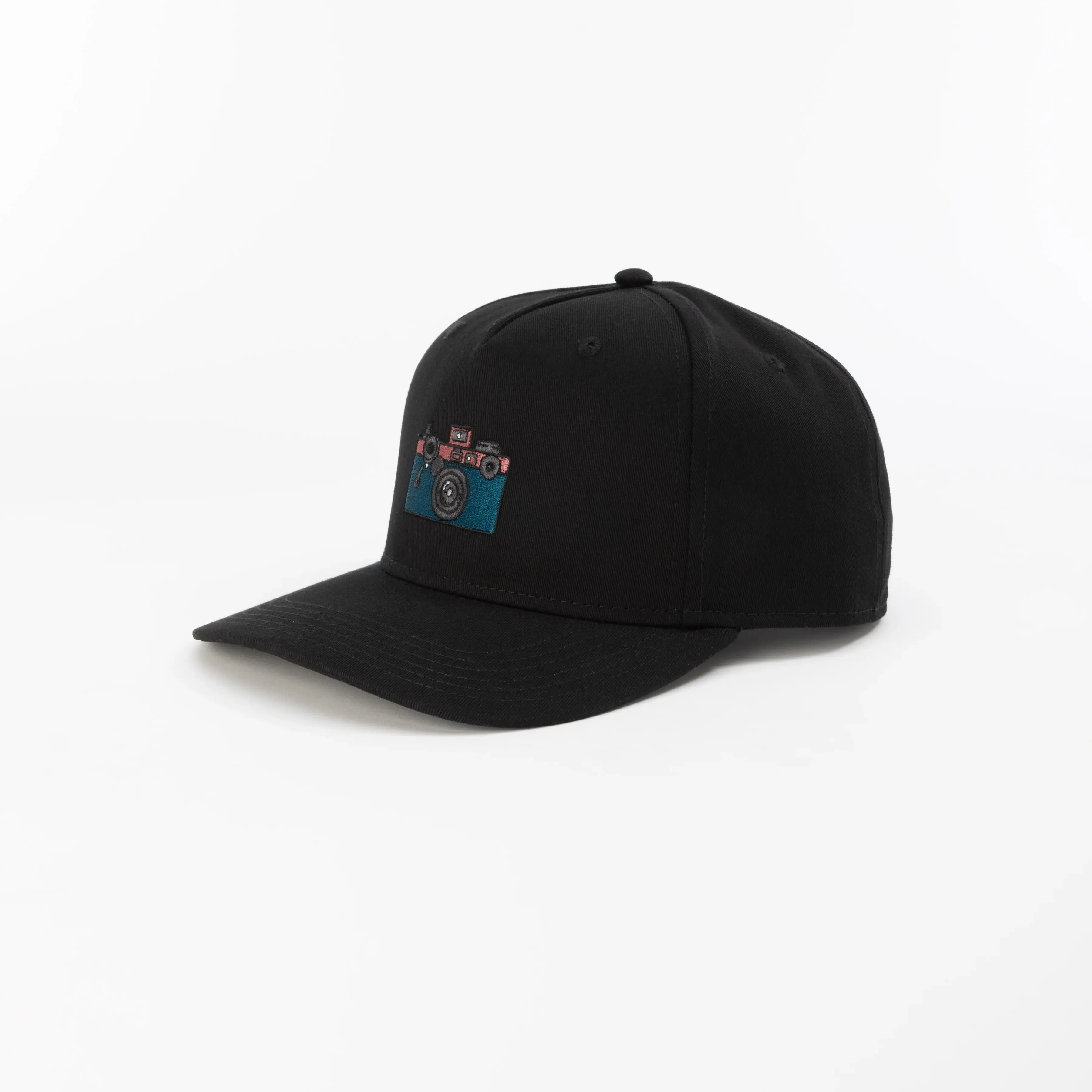 2D Embroidery Custom Logo 5-Panel Curved Brim High Quality Black Color Medium Profile Cotton/Polyester Fabric Baseball Cap 2