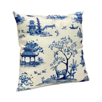 Printed Cushion Cover Classic Blue Pagodas and Deer Art 45x45cm Halinhthu Casa Custom Design And Size 100% Polyester Vietnam 1