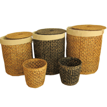 Good Quality Set Of 5 Round Hampers Includes 3 Hampers And 2 Baskets Floral Weaving Wooden Handles Lids Sustainable Removable 7