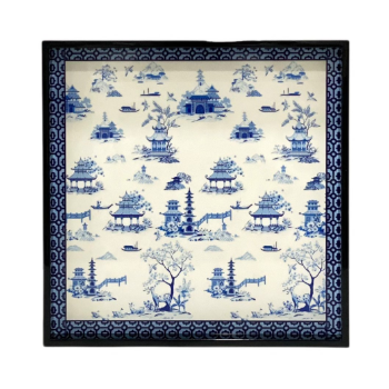 Lacquer Tray Customized Chinoiserie Blue Pagodas Asian Zen 25.5x25.5cm Art Halinhthu Casa From Vietnam Manufacturer 4