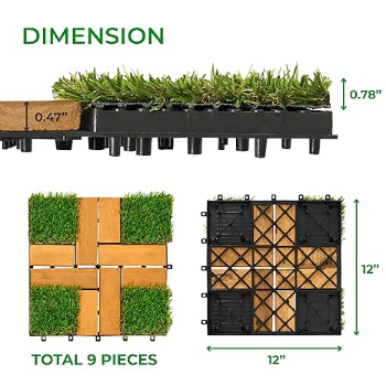 FresGard 9PCS 12''x12''0.94'' Fast Delivery Garden Decor Grass for Entryway Tile Landscape Edging Artificial Grass with Acacia Wood  2