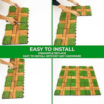 FresGard Artificial Grass with Acacia Wood 9PCS 12''x12''0.94'' Fast Delivery Garden Decor Grass for Entryway Tile Landscape Edging 