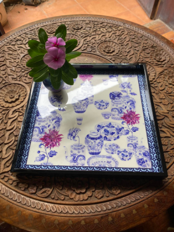 Lacquer Tray Chinoiserie Dahlia Flowers In Porcelain 25.5x25.5cm Halinhthu Casa Customized Vietnam Vase Watercolour Art 6