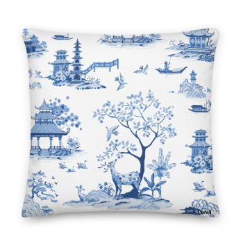 Printed Cushion Cover Halinhthu Casa Classic Blue Pagodas and Deer Art 45x45cm Custom Design And Size 100% Polyester Vietnam 2