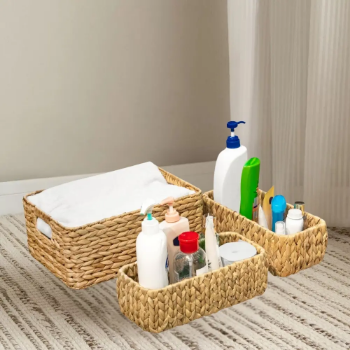 2-Pack Eco-Friendly Water Hyacinth Boho Chic Storage Baskets Durable Design Sturdy Iron Frame Sustainable Living Proudly Made