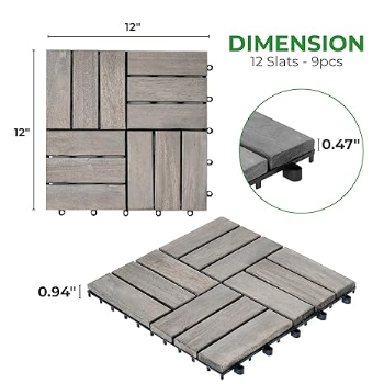 FresGard 9PCS Interlocking Deck Tiles 12"x12"x0.94'' Gray Acacia Patio Decor Flooring Tiles 4