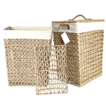 Fast Delivery Set Of Seagrass Hampers Zigzag Weaving And Covered With Removable Lids Cotton Fabric Lining Laundry Containers 6