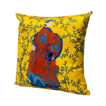 Printed Cushion Cover Asian Style Halinhthu Casa Mother And Children Scenic Toile In Yellow 45x45cm 100% Polyester From Vietnam 7