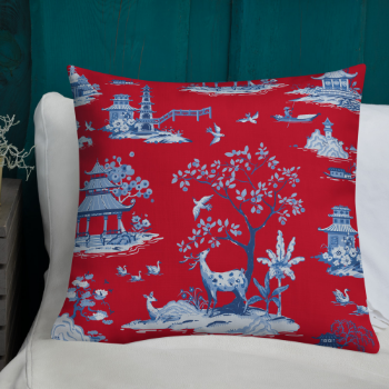 Printed Cushion Cover Classic Blue Pagodas And Deer Art 45x45cm Halinhthu Casa Custom Design And Size 100% Polyester Decoration