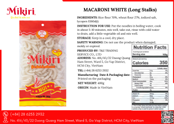 Top Favorite Product White Macaroni (Long Stalks)Tubular Shape Features Wheat flour, rice flour Primary Ingredient Cooking Time10-12 minutes 12 Month 1