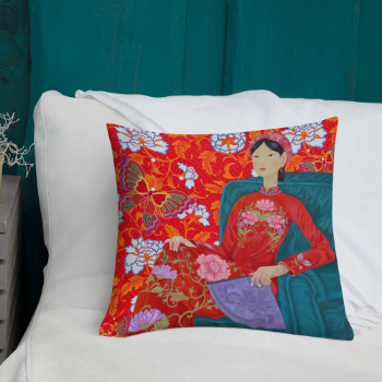 Printed Cushion Cover Asian Woman Halinhthu Casa With Fan In Red Ao Dai Art 45x45cm Custom Design And Size 100% Polyester 2