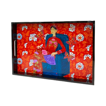 Lacquer Tray Asian Woman With Fan In Red Ao Dai Art 45x30cm High Glossy Finish Halinhthu Casa From Vietnam Manufacturer 2