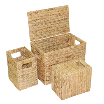 Fast Delivery Set Of 3 Water Hyacinth Trunks Include 1 Trunk And 2 Small Baskets Twisted Weaving With Cotton Fabric Lining Hand 2