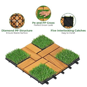 High Quality FresGard 9PCS 12''x12''0.94" Artificial Grass with Acacia Wood Deck Tiles Home Decor Patio Decor Kitchen Tile 1