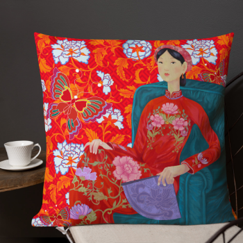 Printed Cushion Cover Asian Woman Halinhthu Casa With Fan In Red Ao Dai Art 45x45cm Custom Design And Size 100% Polyester 1