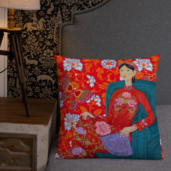 Printed Cushion Cover Asian Woman Halinhthu Casa With Fan In Red Ao Dai Art 45x45cm Custom Design And Size 100% Polyester 7