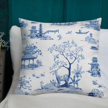 Printed Cushion Cover Classic Blue Pagodas and Deer Art 45x45cm Halinhthu Casa Custom Design And Size 100% Polyester Vietnam 3