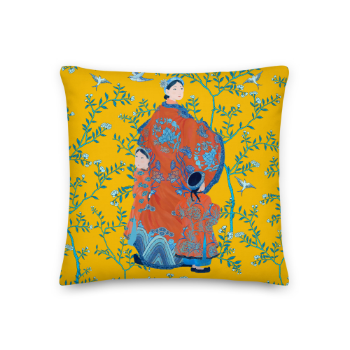 Printed Cushion Cover Asian Style Halinhthu Casa Mother And Children Scenic Toile In Yellow 45x45cm 100% Polyester From Vietnam 1