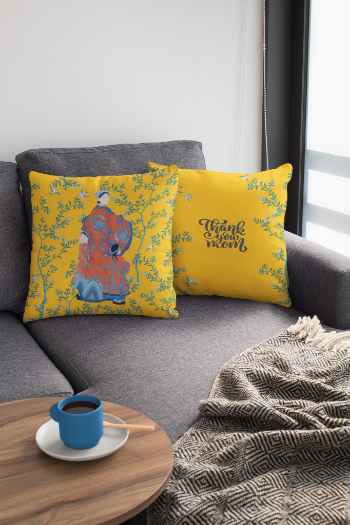 Printed Cushion Cover Asian Style Mother And Children Scenic Toile In Yellow 45x45cmHalinhthu Casa 100% Polyester From Vietnam 1