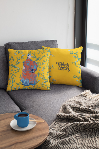 Printed Cushion Cover Asian Style Mother And Children Scenic Toile In Yellow 45x45cmHalinhthu Casa 100% Polyester From Vietnam