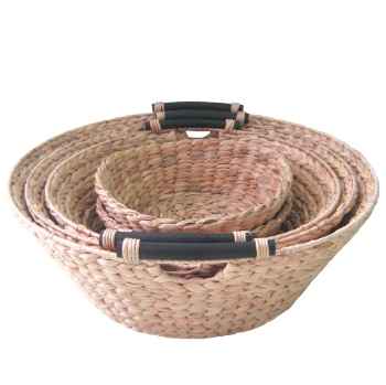 High Quality Set Of 5 Round Bowl Water Hyacinth Baskets With Black Rattan Handles Natural And Large Space For Storage 1