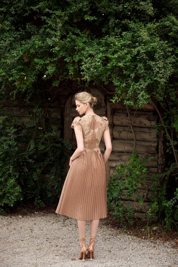 ALVA MIDI DRESS Elegant lace designs, Each lace is hand-stitched on a chiffon-embossed fabric to create a unique decorative composition for this light design