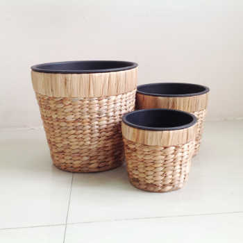 Good Quality Set Of 4 Rice Nut Weaving Water Hyacinth Plant Pots Pp Pots Lining Double Flat Rims Natural Color Rice Nut Weave 3