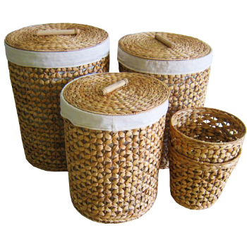 Good Quality Set Of 5 Round Hampers Includes 3 Hampers And 2 Baskets Floral Weaving Wooden Handles Lids Sustainable Removable 1