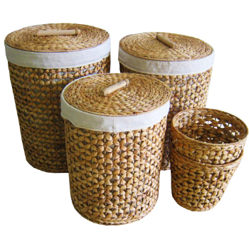 Good Quality Set Of 5 Round Hampers Includes 3 Hampers And 2 Baskets Floral Weaving Wooden Handles Lids Sustainable Removable