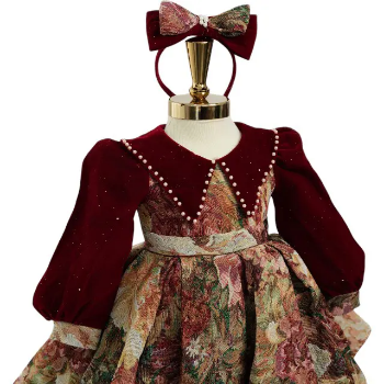 Best Price Winter Velvet Brocade Princess Dress for Baby Girls Large Size Party Style with Lace Bow Decoration Made in Vietnam